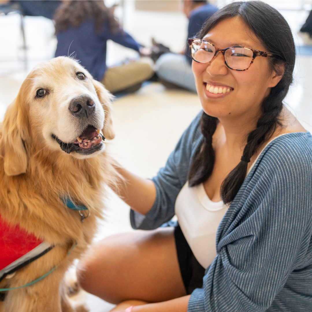 student sitting next to a service dog